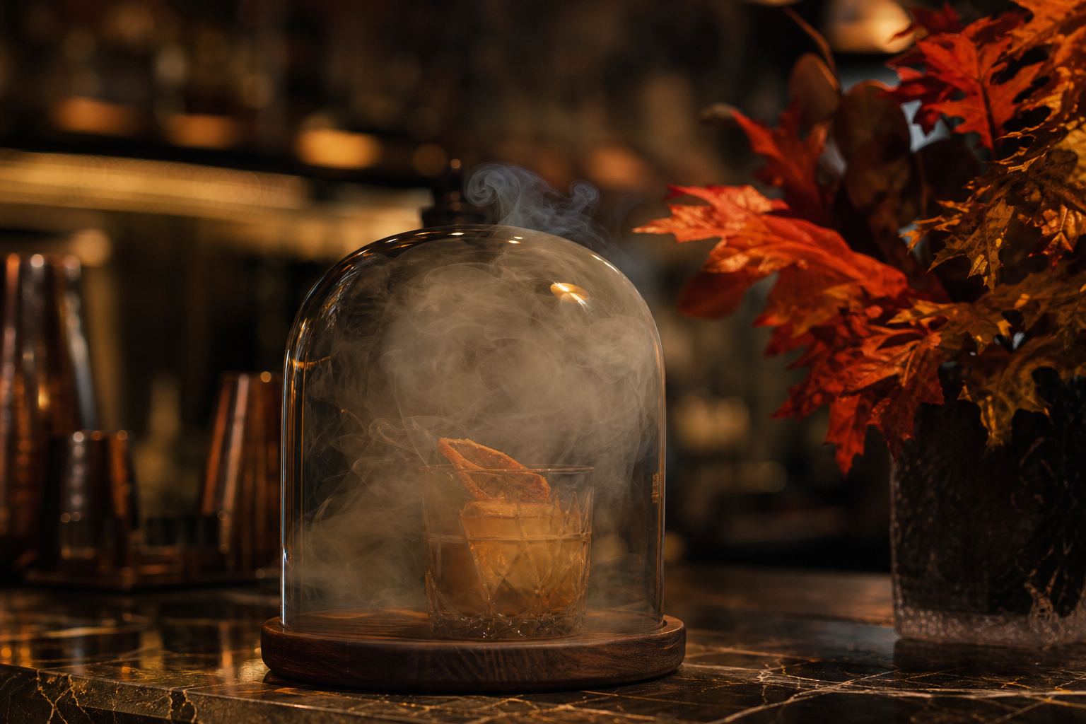 Cocktail fumé servi sous cloche dans une ambiance de bar automnale