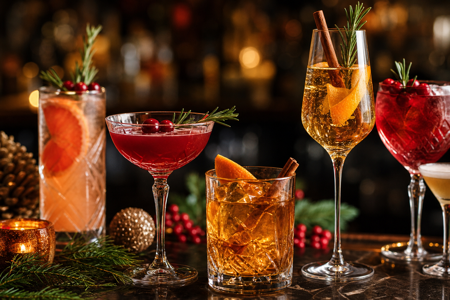 Sélection de cocktails de Noël décorés d’agrumes et d’épices