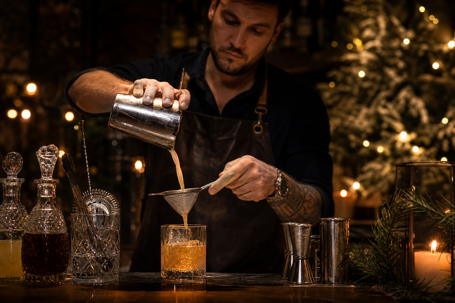Cocktail d’hiver préparé avec la technique du fat washing dans un bar élégant